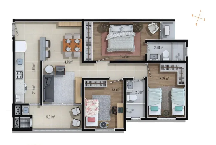 Apartamento mobiliado com 3 dormitórios sendo 1 suíte e 2 vagas no Bairro São João em Itajaí
