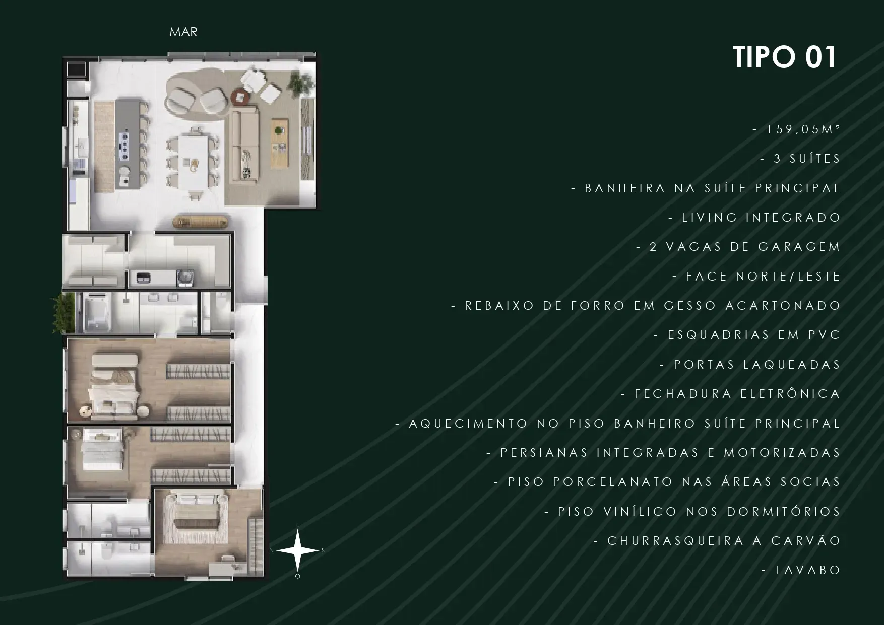 Apartamento frente mar com 3 suítes e 2 vagas de garagem no Centro de Navegantes/SC