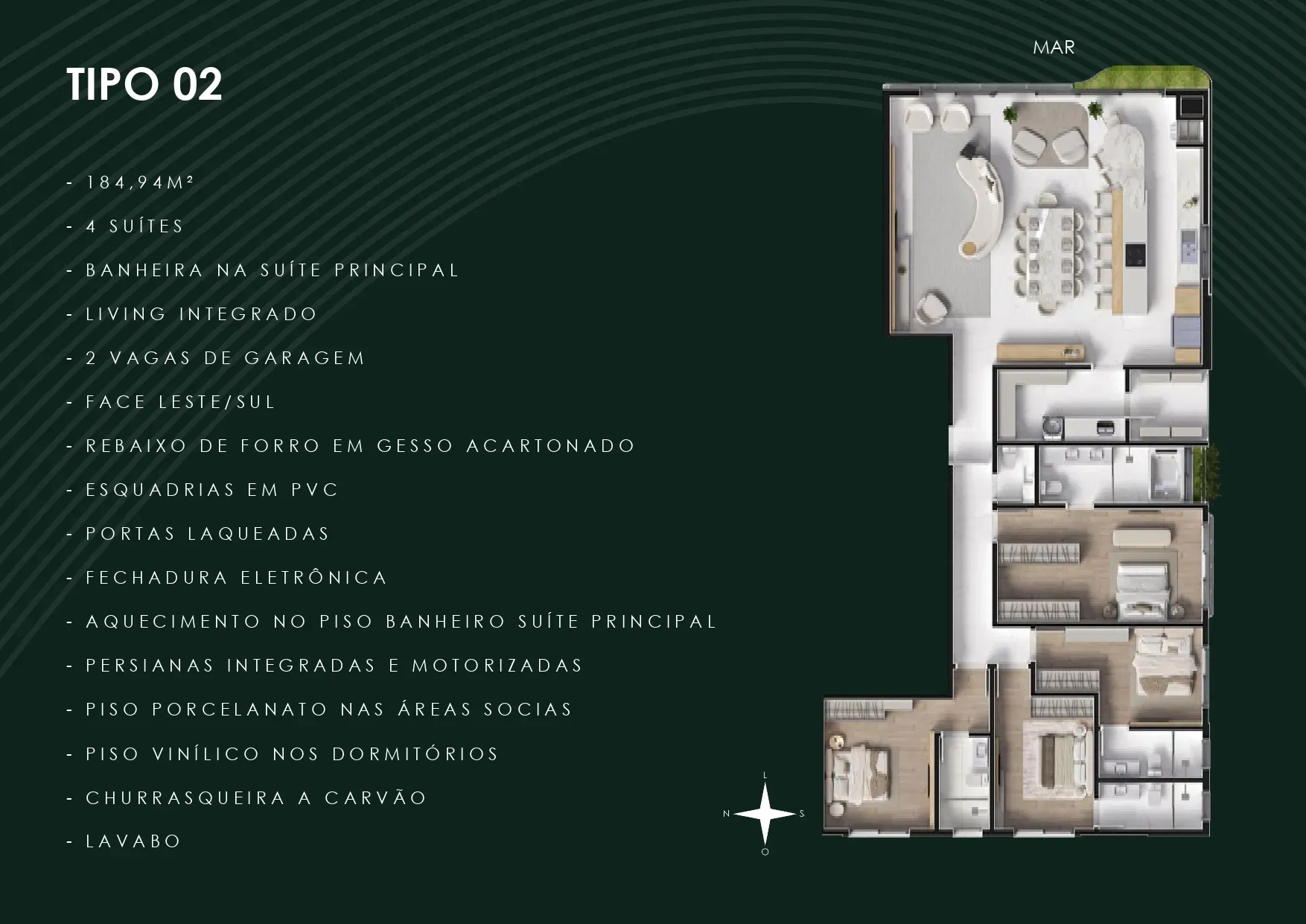 Apartamento frente mar com 3 suítes e 2 vagas de garagem no Centro de Navegantes/SC
